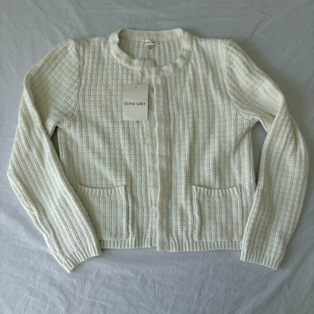 NWT Olivia Grey Womens White Long Sleeve Pockets Textured Knit Cardigan Size M